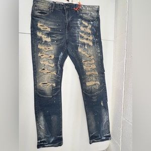 Smoke Rise MEN ESSENTIALS DISTRESSED DENIM SLIM TAPERED FIT JEANS BLUE 38x34